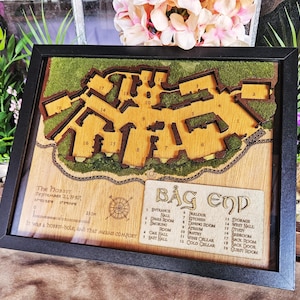 Houten 3D-kaart aan de achterkant - plattegrond Hobbit-gat - ingelijste Lord of the Rings-kaart - Tolkien-geïnspireerd decor - Shadowbox-display