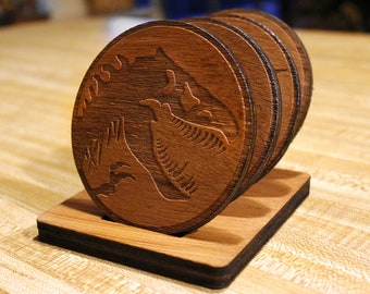Jurassic Park Table Coaster Set and Holster - Wood Carved - Animal Paddock Icons
