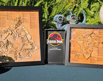 Jurassic Park : The Lost World Topographic Map - Wood-Carved - Isla Sorna - Shadow Box