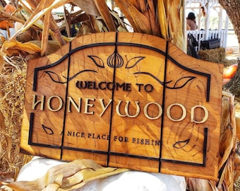 Honeywood Welcome Sign - Epic NPC Man - Viva La Dirt League - Wood Carving - Wall Decor