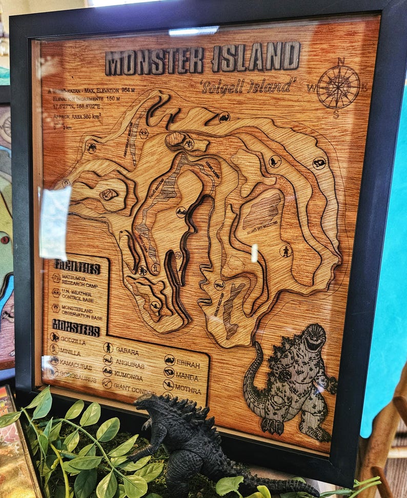 Godzilla Map Monster Island 1972 - Godzilla - Showa Era - Wood Relief Carving ...