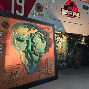 Große Jurassic Park Landkarte - Holz geschnitzt - Isla Nublar - Gerahmt