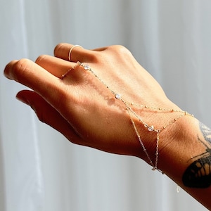 Waterproof 14K Gold Filled Dainty Crystal Hand Chain, Tarnish Resistant Body Jewelry, Water Resistant Hand Bracelet Satellite Chain