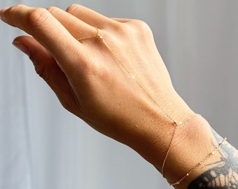 Waterproof 14K Gold Filled Double Bracelet Hand Chain, Extra Dainty Minimalistic Body Jewelry, Tarnish Resistant Hand Chain Bracelet