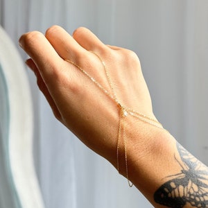 Waterproof 14K Gold Filled Super Dainty Chandelier Hand Chain w/ Teardrop Crystal, Water Resistant Hand Bracelet, Gold Filled Body Jewelry