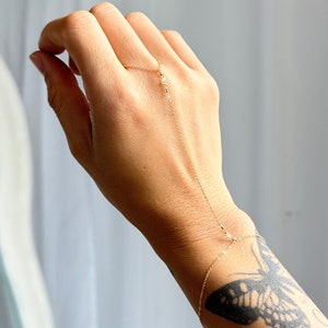 Waterproof 14K Gold Filled Hand Chain with Tiny Baby Crystals, Extra Dainty Minimalistic Body Jewelry, Tarnish Resistant Hand Chain Bracelet