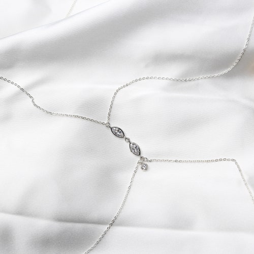 Dainty Body Chain 14k Gold shops Filled / .925 Sterling Silver w/ Marquise Crystal Connector Low V Neckline