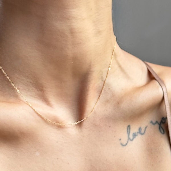 Waterproof 14k Gold Filled Barely There Extra Dainty Shimmer Chain Necklace Choker, Tarnish Resistant Thin Gold Minimalist Body Jewelry