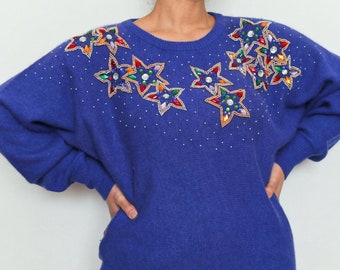 Stunning! Vintage 1980\u2019s Bejeweled Rhinestone Studs Jeweled Black Sweater