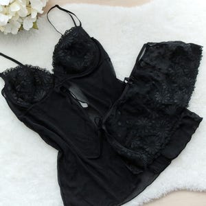 90s Vintage Black Floral Lace Mesh Babydoll Top with Matching Built-in Thong Panty Micro Mini Skirt Combo Lingerie Set Size 34B