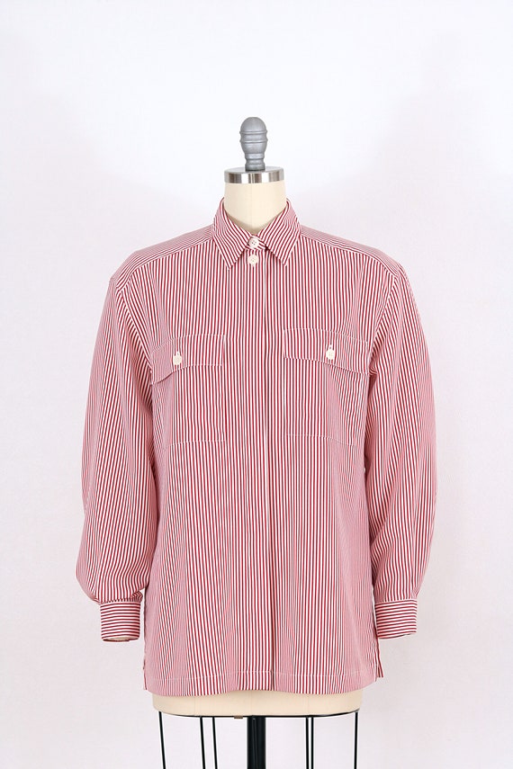Vintage Red Off-White Striped Button Up Blouse | … - image 3