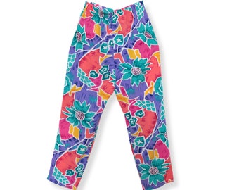 Vintage Retro Multi Color Floral Abstract High Waist Pants | Size 10/12 Medium