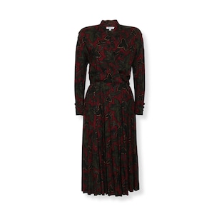 Vintage Burgundy Green Long Sleeve Leaf Print Pleated Midi Dress | Size 14