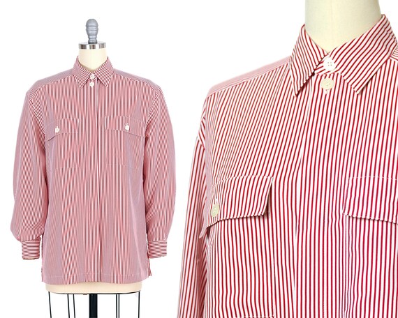 Vintage Red Off-White Striped Button Up Blouse | … - image 2