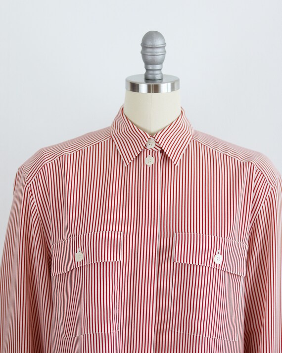 Vintage Red Off-White Striped Button Up Blouse | … - image 6