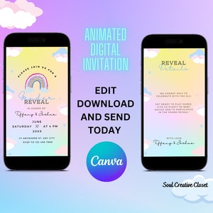 Digital Gender Reveal Invitation, Electronic Gender Reveal Evite, Rainbow and Clouds Gender Reveal, He or She Digital,  Instant Download