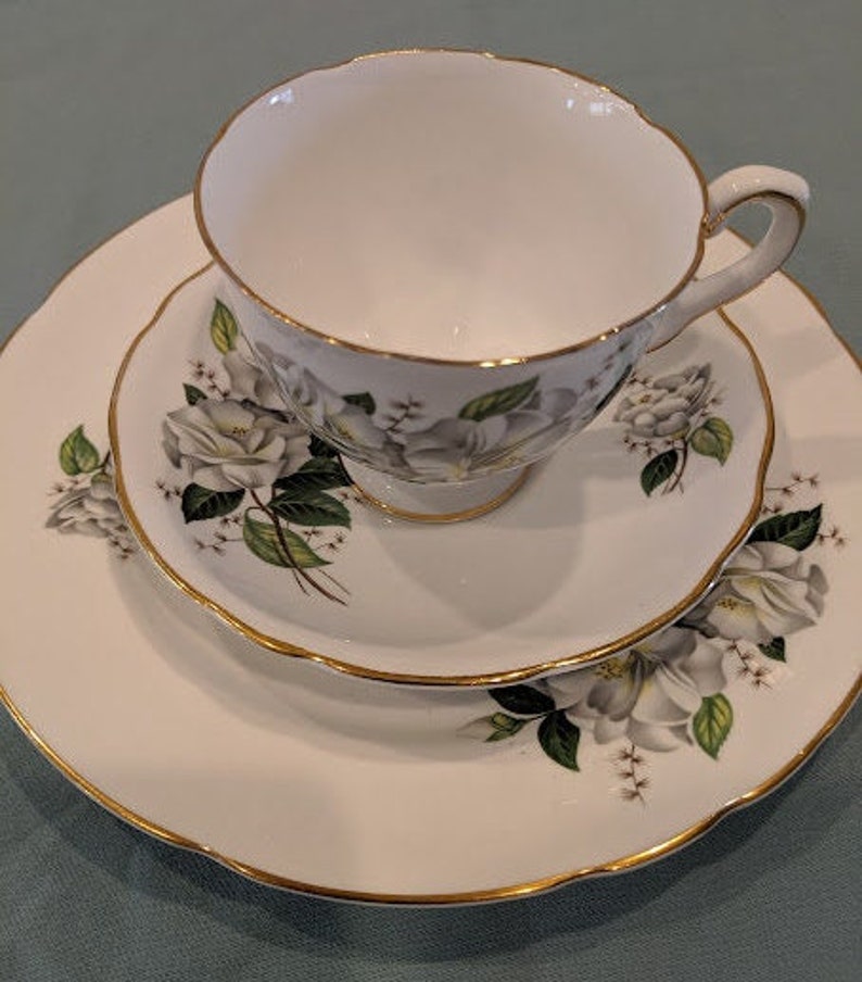 Vintage Royal Kent Tea Cup, Saucer and Dessert Plate Set White Gardenia