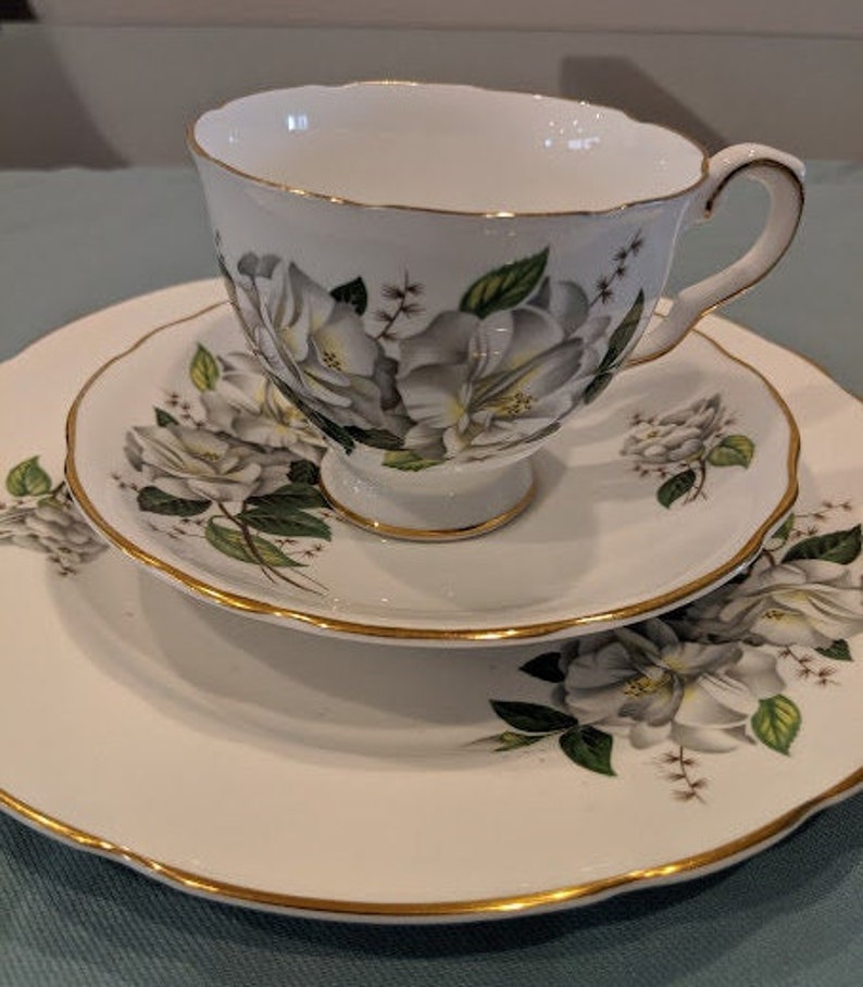 Vintage Royal Kent Tea Cup, Saucer and Dessert Plate Set White Gardenia