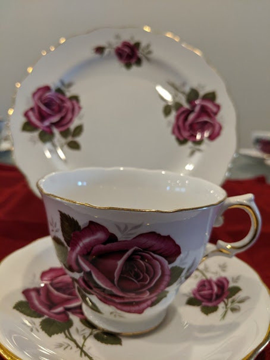 Vintage Royal Kent Tea Cup, Saucer and Dessert Plate Set Roses Bone