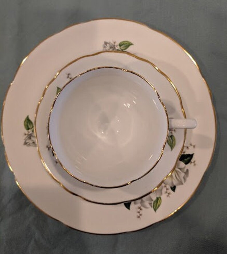 Vintage Royal Kent Tea Cup, Saucer and Dessert Plate Set White Gardenia