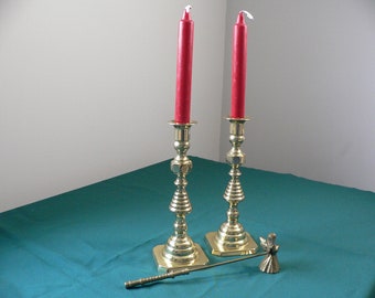 Vintage Baldwin large shiny brass candle holder set of 2 with solid brass angel shaped candle snuffer.Forged in America Baldwin brass.
