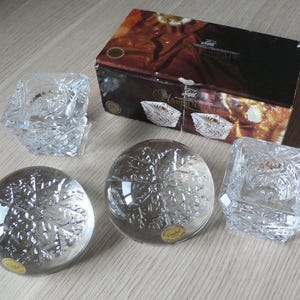 Vintage Cristal d&#39;Arques Masquerade Candle Holders and Snowflake Paperweight Set