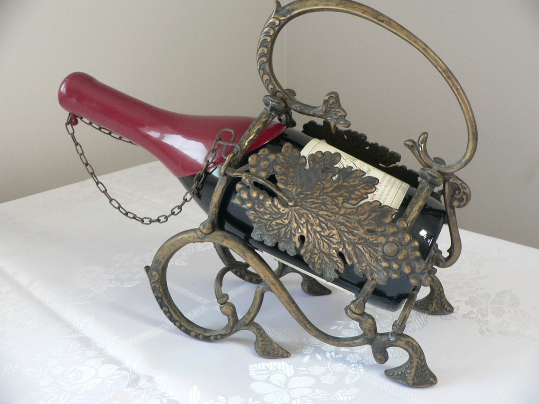 Antique European Wine Bottle Holder Pourer Ornate Brass Grapevine Theme