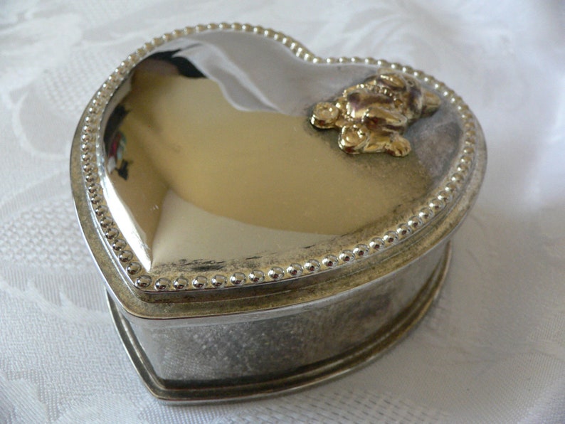 Vintage Metal Jewelry Box.heart Shaped Trinket Box With Teddy Etsy