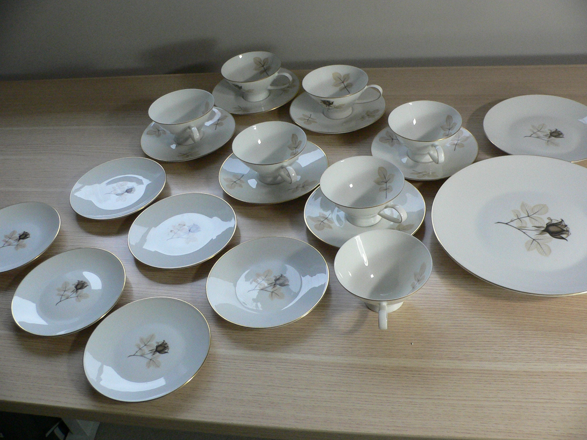 Vintage Rosenthal Germany Shadow Rose pattern tableware set of 22 pcs. Design by Raymond Loewy tea coffee set with brown roses theme.