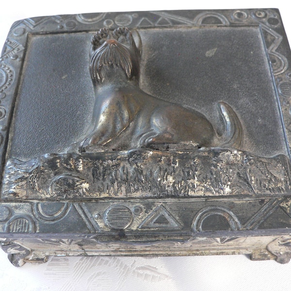 Antique Japanese metal trinket box wood lined with Scottie dog decor on lid.Vintage metal box jewelry holder footed trinket box.