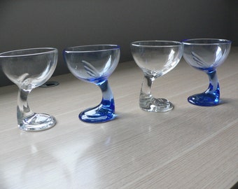 4 vintage Bormioli Rocco Jerba footed cocktail dessert bowls.Entertaining essentials contemporary blue and clear Italian glassware.