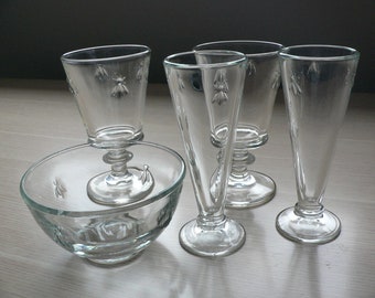 Vintage La Rochere Bienengläser Set: Kelche, Champagnerflöten & Schüssel
