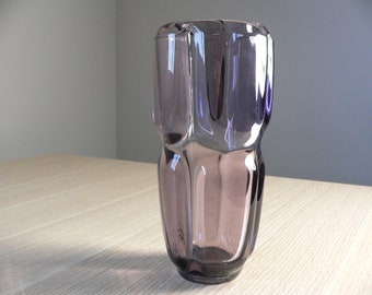 Mid century Czech art glass vase by Frantisek Vizner for Sklo Union.Purple hand pressed glass flower vase geometrical brutalist style.