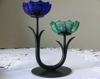 Vintage Ystad Metall Sweden blue and green glass flower on black painted metal stem candle holder by Gunnar Ander .Unique work of G. Ander.