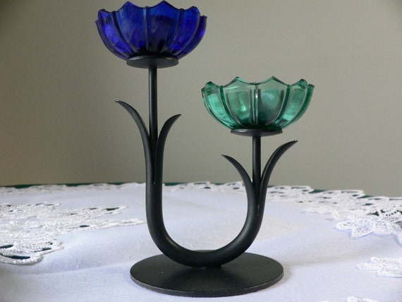 Vintage Ystad Metall Gunnar Ander Candle Holder: Blue & Green Glass Flower