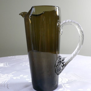 Vintage Cristal Boussu Olive Green Pitcher: Hand Blown Swirled Glass Jug