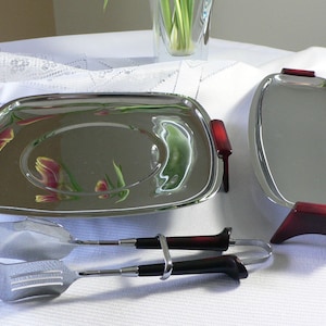 Vintage Glo-Hill Gourmates: Mid Century Chrome & Red Bakelite Serving Set