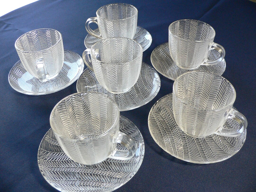 Arcoroc France Glass Cups and Saucers Herring Bone Pattern Set Etsy