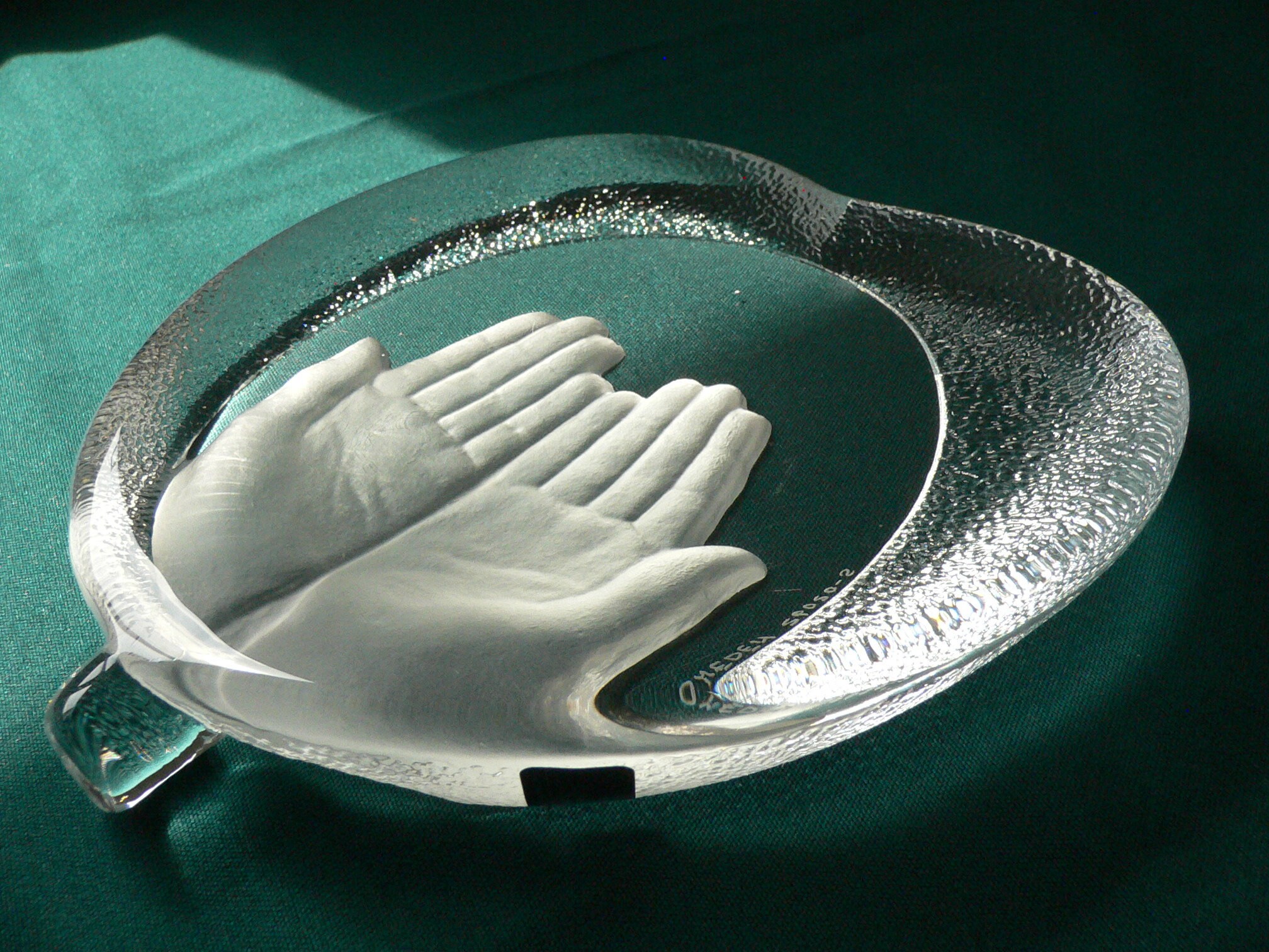 Heart shaped crystal large paperweight candle holder with impressed 3D hands  frosted finish.Made in Sweden and numbered heart shape crystal