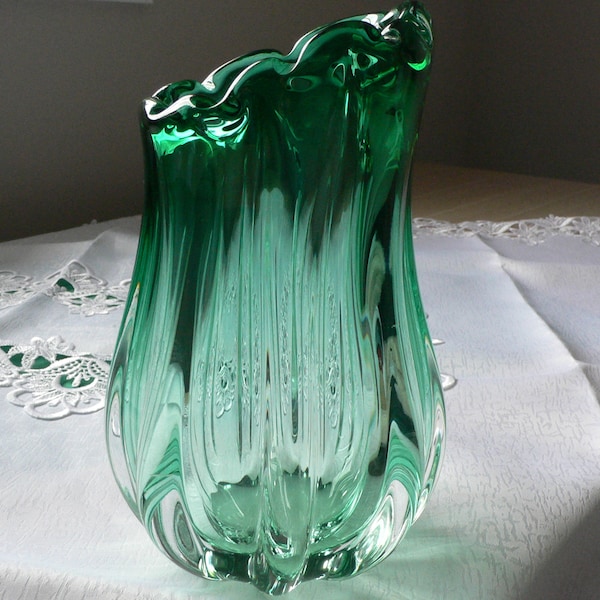 Vintage Egermann Czech glass emerald green vase attributed to Josef Hospodka. Large art glass vase Czech modernism Chribska glasswork.