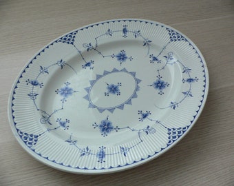 Furnivals Denmark Blue large oval serving platter fluted rim white and blue ironstone from England.Denmark Furnivals Trademark England.