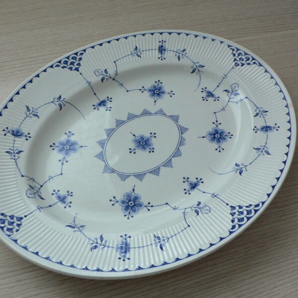 Furnivals Denmark Blue large oval serving platter fluted rim white and blue ironstone from England.Denmark Furnivals Trademark England.