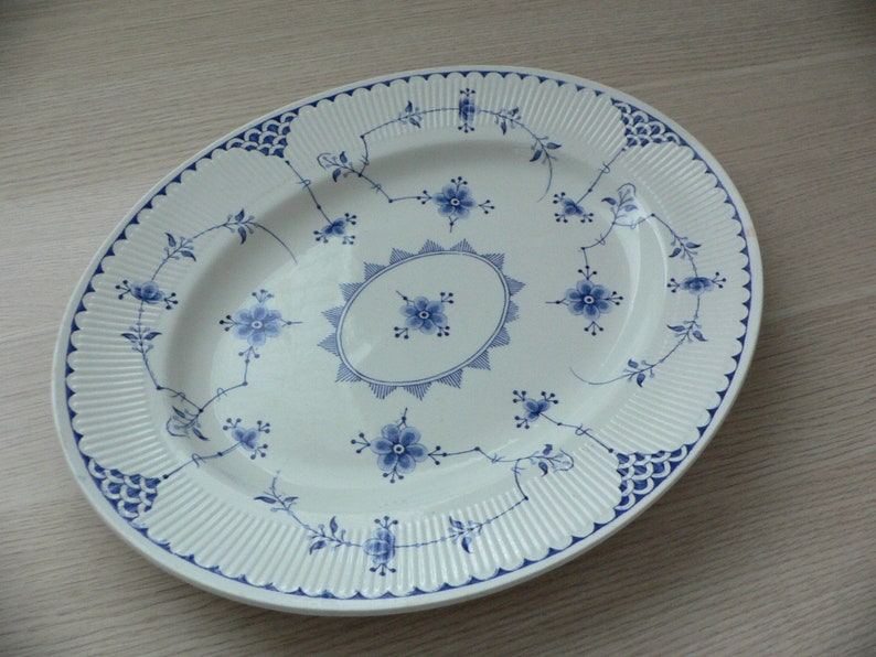 Furnivals Denmark Blue large oval serving platter fluted rim white and blue ironstone from England.Denmark Furnivals Trademark England. image 1