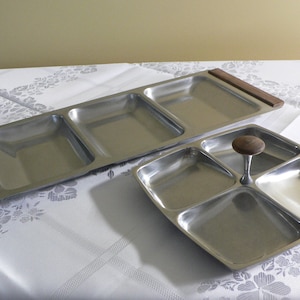 Vintage stainless steel Denmark segmented tray with teak wood handles and AS stainless steel Swedish serving dish tray with wooden handle.