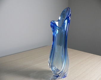 Jarrón de cristal azul cobalto de Val Saint Lambert firmado por René Delvenne, Bélgica, década de 1950