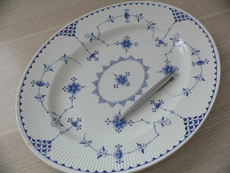 Furnivals Denmark Blue large oval serving platter fluted rim white and blue ironstone from England.Denmark Furnivals Trademark England. image 5