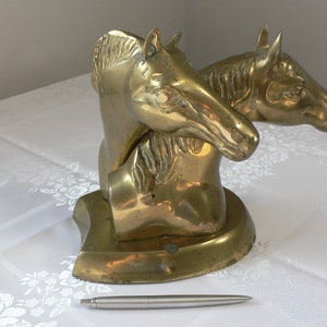 Vintage Brass Two Horse Head Sculpture: Equestrian Farmhouse Decor