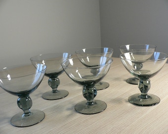 Vintage Swedish Skruf Edenfalk Gulli smoky grey champagne cocktail glasses set of 6.Clove ball stem cocktail dessert glasses hand blown.