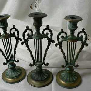 Vintage brass lyre shaped candle holder with partial verdigris set of 3.Brass harp lyre table top candle holders music room decor.