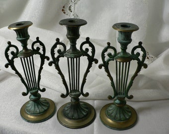Vintage brass lyre shaped candle holder with partial verdigris set of 3.Brass harp lyre table top candle holders music room decor.